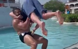 Andrade Suplexes Ric Flair Into Swimming Pool In Hilarious Video Andrade Suplexes Ric Flair Into Swimming Pool In Hilarious Video