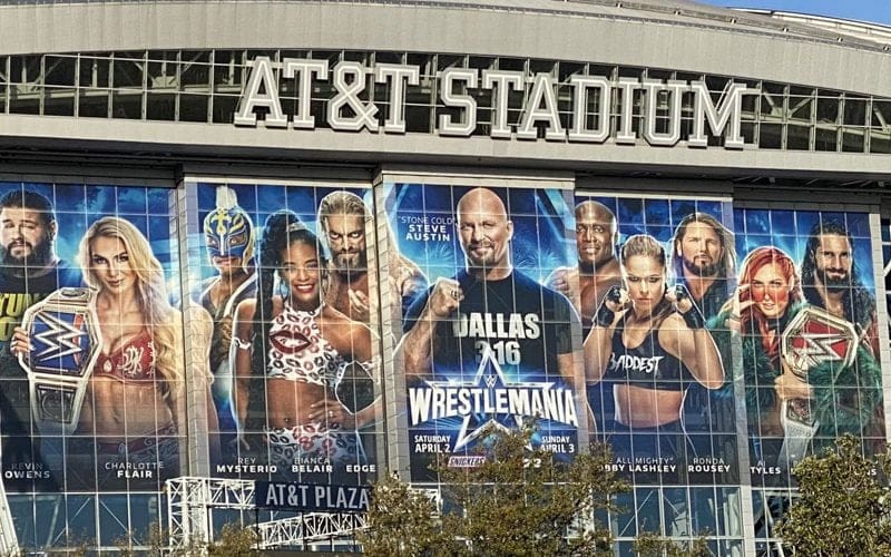 Massive WWE WrestleMania 38 Banners Up On Display At AT&T Stadium