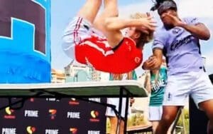 Logan Paul Takes a Smash-Through-The-Table Moment at PRIME Promotional Event Logan Paul Takes a Smash-Through-The-Table Moment at PRIME Promotional Event