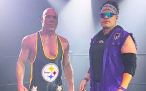 Kurt Angle Shows Support for Pittsburgh Steelers with Custom Singlet During Commercial Shooting Kurt Angle Shows Support for Pittsburgh Steelers with Custom Singlet During Commercial Shooting