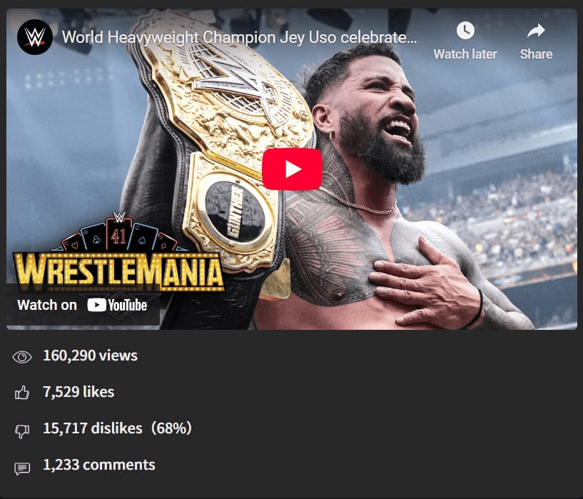 Jey Uso’s WrestleMania 41 Victory Backfires Online With 2-to-1 Dislike Ratio