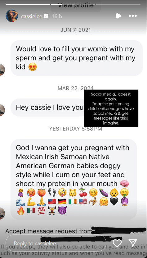Cassie Lee Reveals Disturbing DM from Obsessed Man Who Wants to Impregnate Her