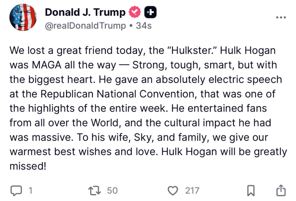 Donald Trump Honors Hulk Hogan After His Passing