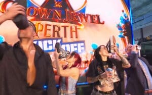 Rhea Ripley, Grayson Waller, IYO SKY & Michael Cole Celebrate With Shoeys at Crown Jewel Kickoff Show Rhea Ripley, Grayson Waller, IYO SKY & Michael Cole Celebrate With Shoeys at Crown Jewel Kickoff Show