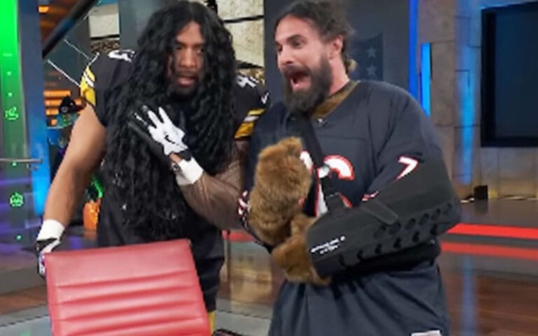Seth Rollins Sports Sling While Dressed as Stanley the Bear on Good Morning Football